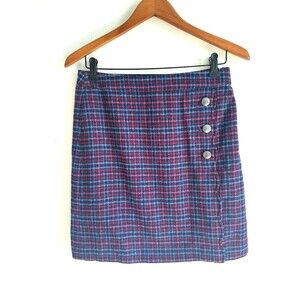 Talbots Blue Red Pink Plaid Faux Wrap A Line Skirt Wool Blend 4P